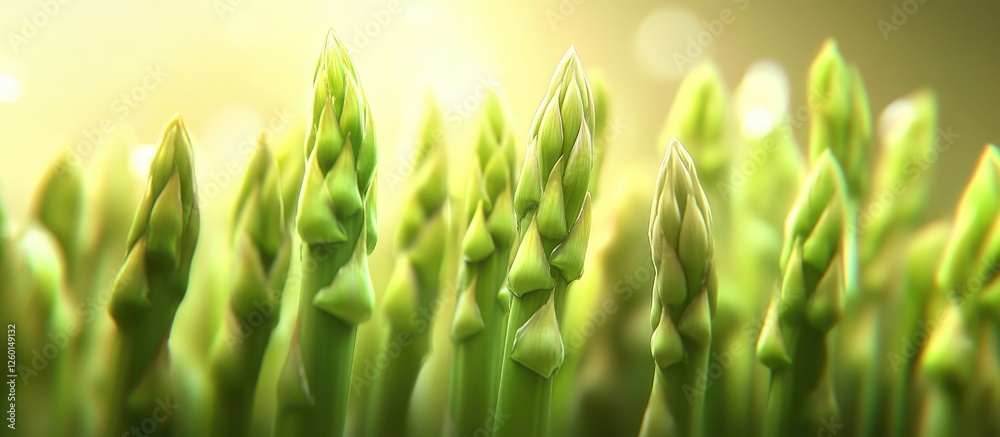 Poster fresh green asparagus spears arranged in a close-up view set against a warm golden light background 
