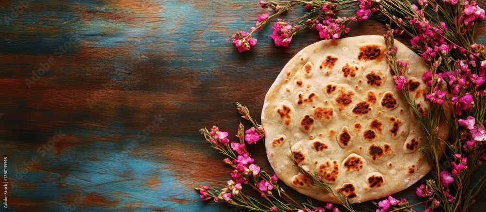 Poster flatbread surrounded by pink flowers on a dark wooden surface with teal accents in the background cr