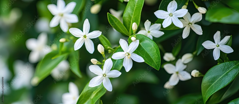 Poster delicate white jasmine flowers with lush green leaves on a soft blurred background capturing the ess