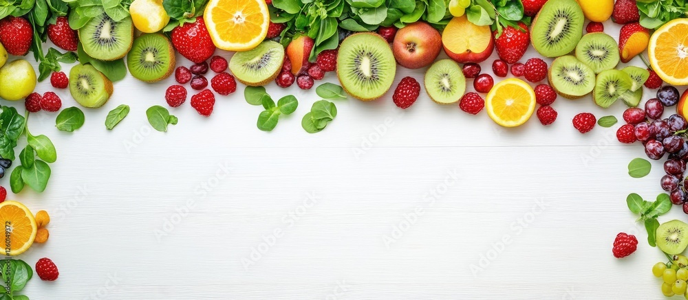 Poster colorful array of fruits and greens arranged on a white wooden background with ample space for text 
