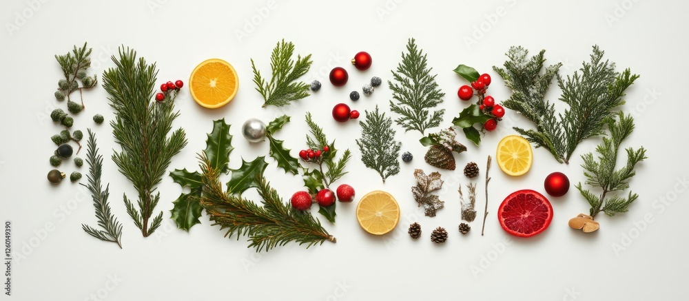 Poster festive flat lay featuring green foliage red berries and golden citrus arranged symmetrically on a c
