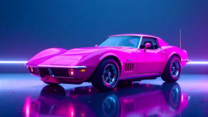 Pink sports car on blue neon background. High quality photo