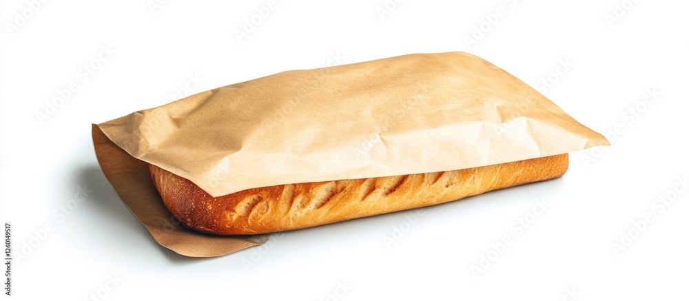 Poster freshly baked loaf of bread in a rustic brown kraft paper bag placed at center on a clean white back
