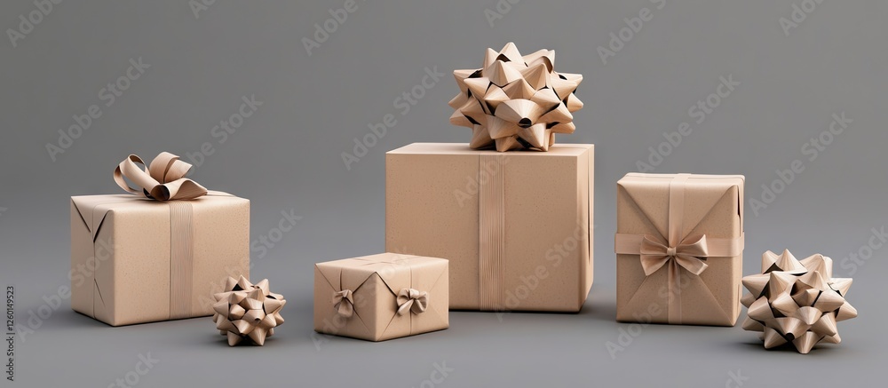 Poster presents wrapped in brown paper with origami bows arranged on a grey background showcasing five dist