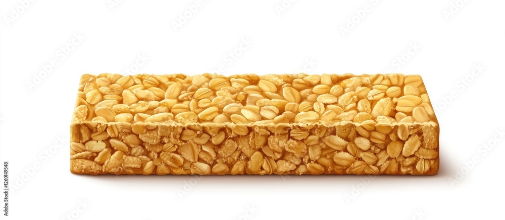 Poster healthy granola bar with a golden oat texture centered on a white background emphasizing its wholeso