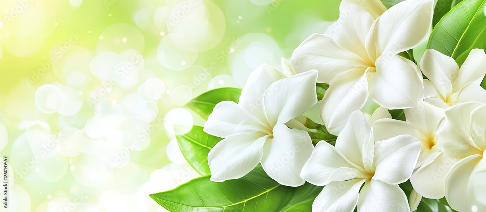 Poster vibrant white jasmine flowers with lush green leaves arranged elegantly on a soft gradient backgroun