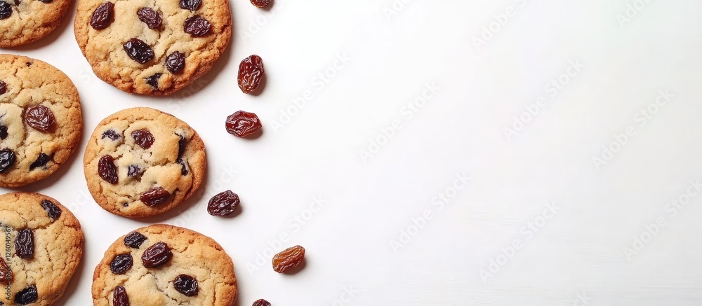 Poster deliciously baked cookies with raisins displayed on a clean white background with scattered raisins 