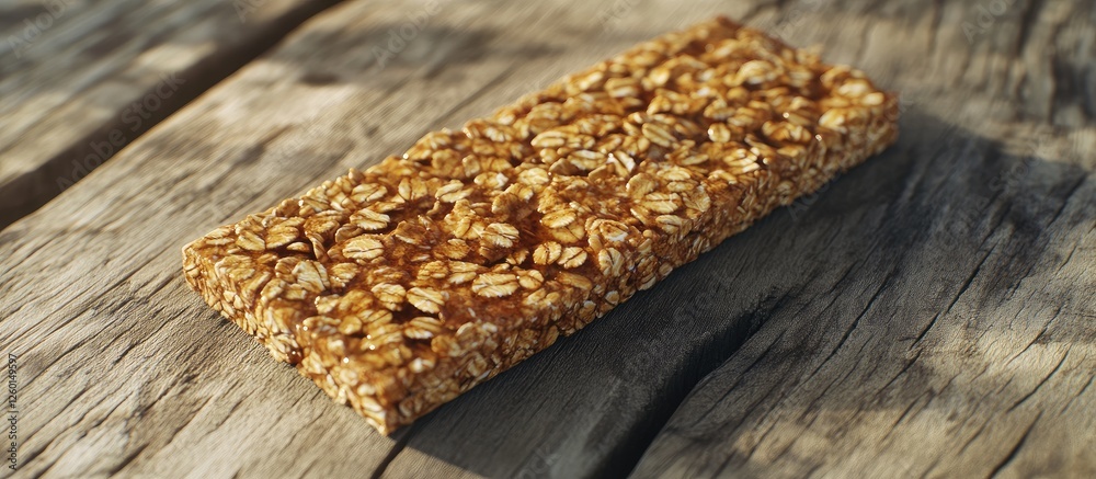 Aufkleber Granola bar with oats and nuts on a textured wooden surface showcasing warm brown tones and natural elements in a rustic setting.
