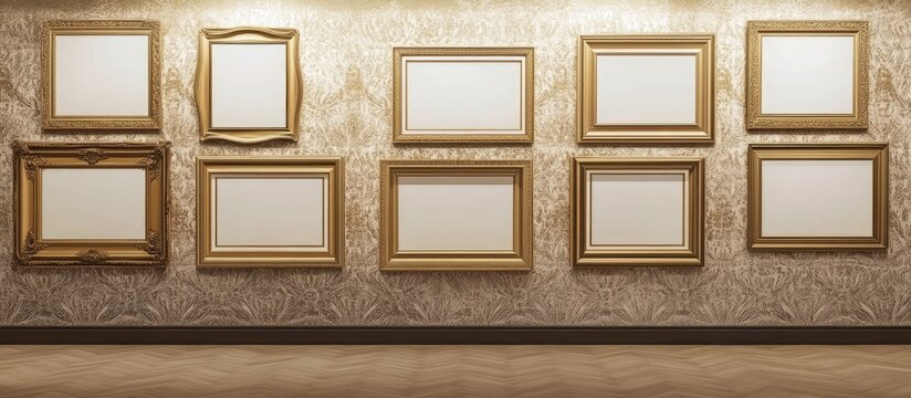 Elegant gallery interior featuring nine empty ornate gold frames arranged asymmetrically on a textured light gold wall with soft ambient lighting.