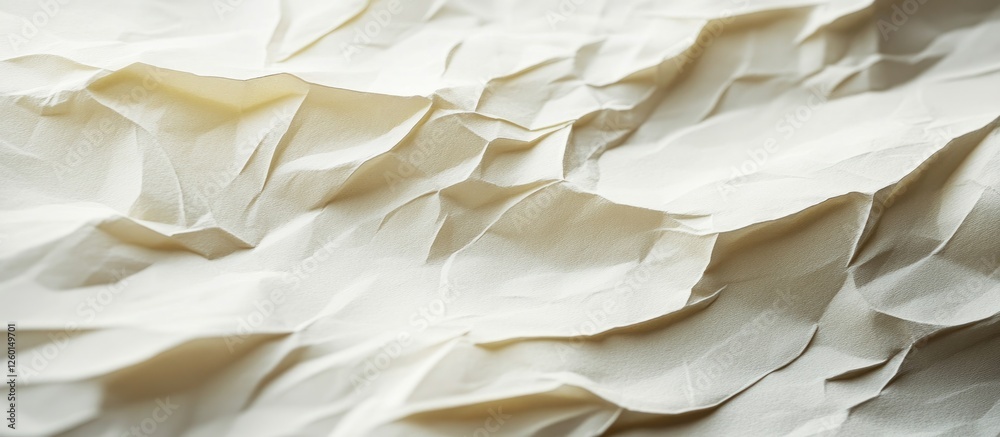 Poster crumpled japanese paper texture in soft cream tones with intricate folds and shadows creating depth 