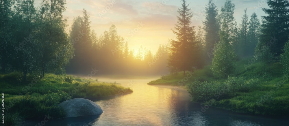 Poster tranquil highway winding through a misty forest at dawn with soft yellow and orange sunlight illumin