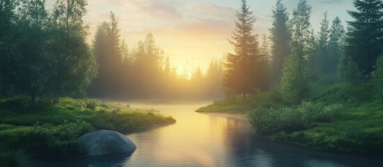 Fototapeta premium Tranquil highway winding through a misty forest at dawn with soft yellow and orange sunlight illuminating lush green trees and a serene river.