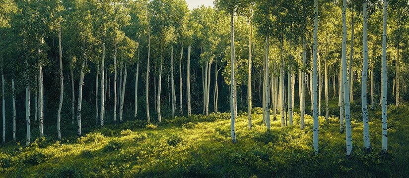 Aerial view of vibrant green aspen tree forest with tall white trunks under warm summer sunset light, creating a serene woodland atmosphere.
