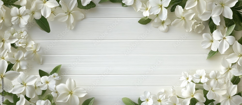 Aufkleber white jasmine flowers elegantly arranged along the edges of a white wooden backdrop, creating a clea