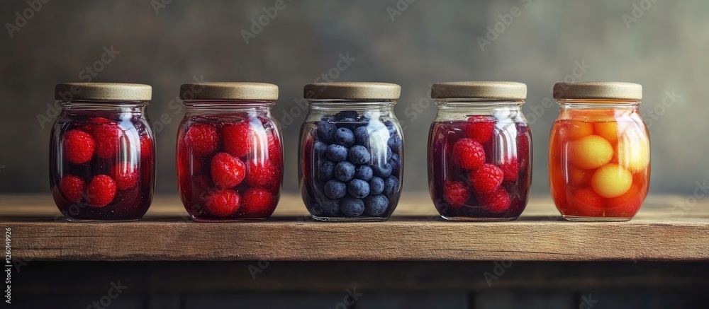 Poster jars filled with vibrant strawberries blueberries and oranges lined on a rustic wooden table against