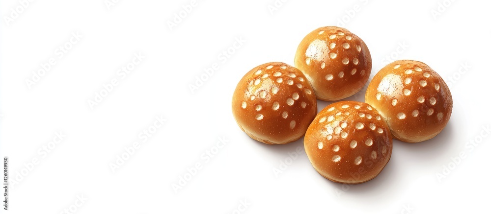 Poster crispy golden brown bread buns with sesame seeds arranged in a cluster on a clean white background s