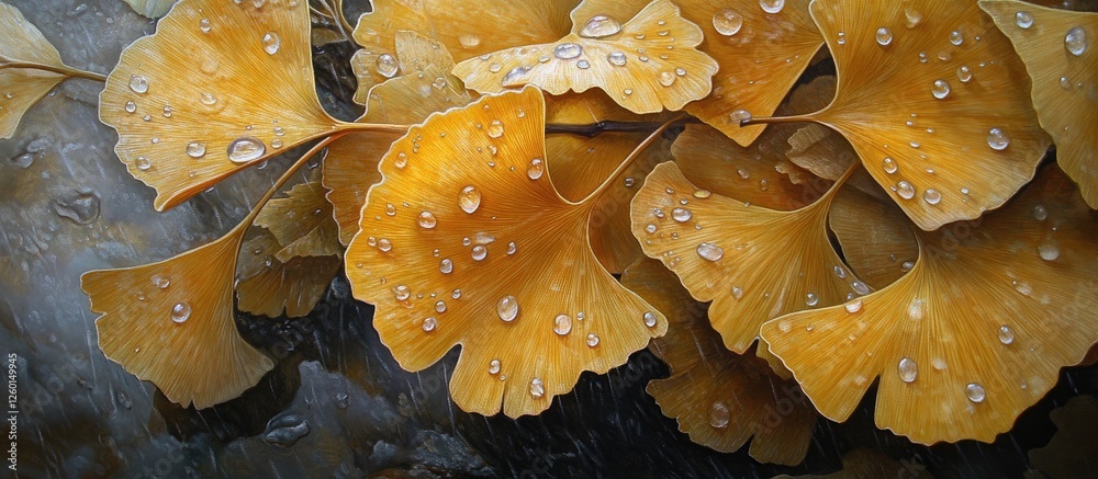 Poster vibrant yellow ginkgo leaves adorned with clear rain droplets on a textured dark background creating
