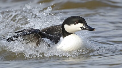 Fototapeta premium Smew duck swimming, splashing water, lake, wildlife