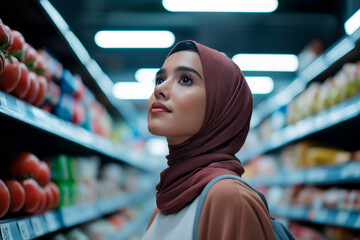 Muslim girl, in her thirties, working in a supermarket, dressed as a shop assistant, checking that everything is in order.