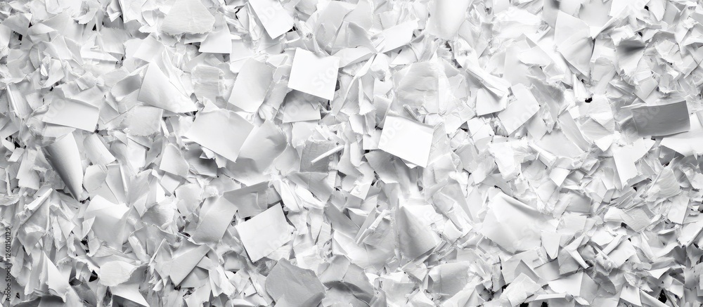Fototapete Textured background of shredded white paper fragments arranged densely with varying sizes and shapes, creating a soft, neutral palette.