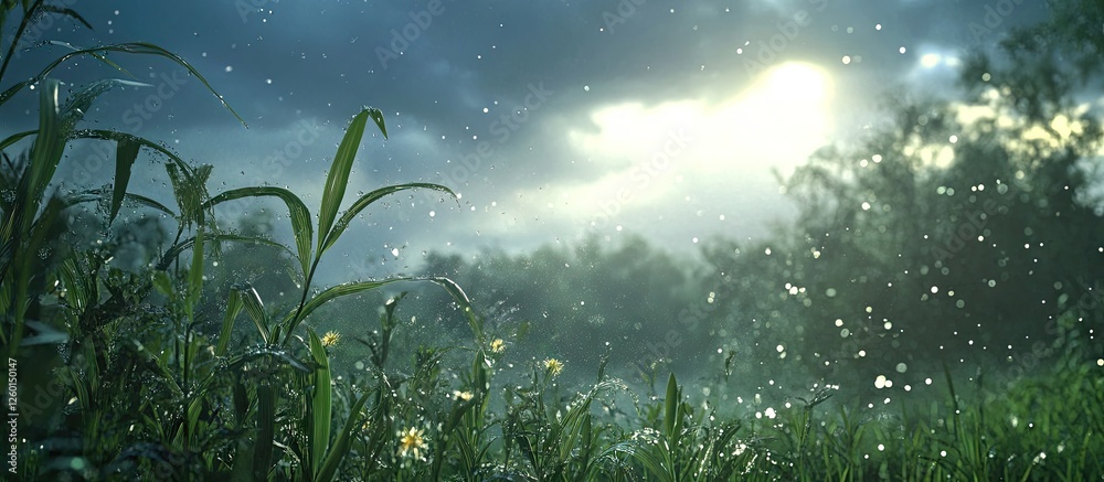 Aufkleber Lush green grass glistening under soft rain with a bright light breaking through dark clouds in the background creating a serene and tranquil atmosphere.
