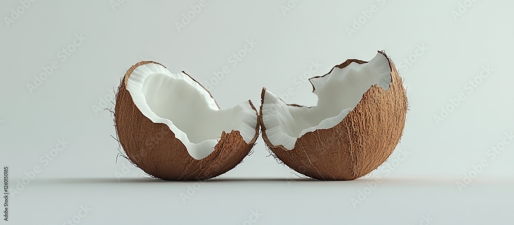 Poster halved coconut shell placed symmetrically on white background, showcasing textured brown exterior an