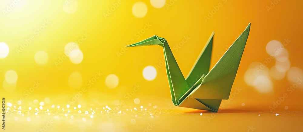 Poster green origami crane in foreground against a vibrant yellow bokeh background with soft light highligh