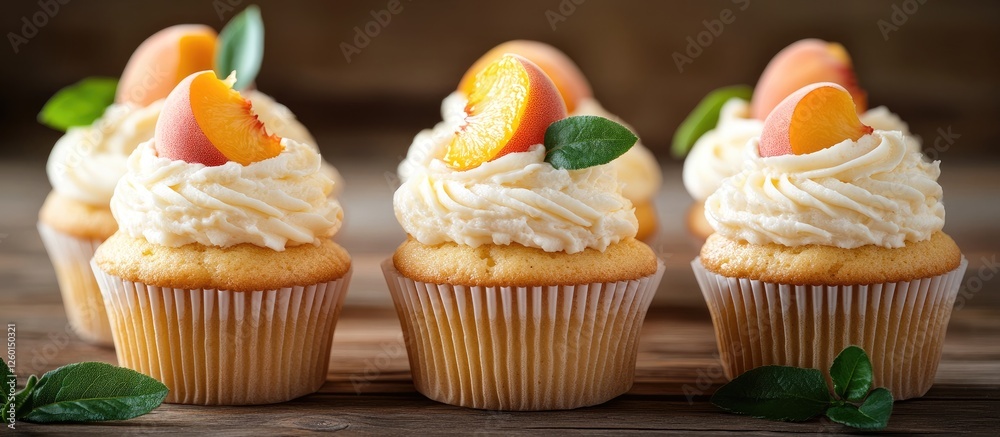 Poster cupcakes topped with creamy peach frosting and fresh peach slices, arranged in a row with green mint