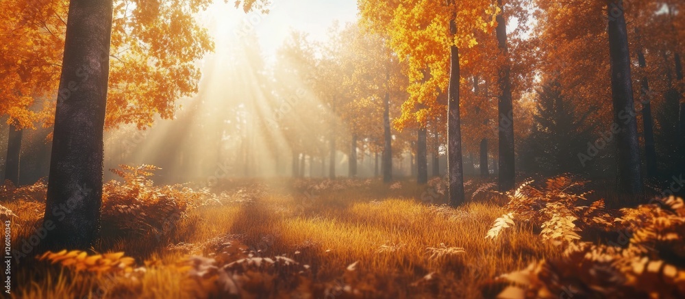 Poster autumn forest scene with golden orange leaves and sun rays filtering through tall trees on a sunlit 