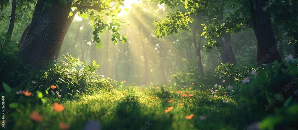 Poster Sunlit Forest Pathway with Lush Green Trees in Background and Golden Rays Streaming Down Creating a Serene and Tranquil Atmosphere