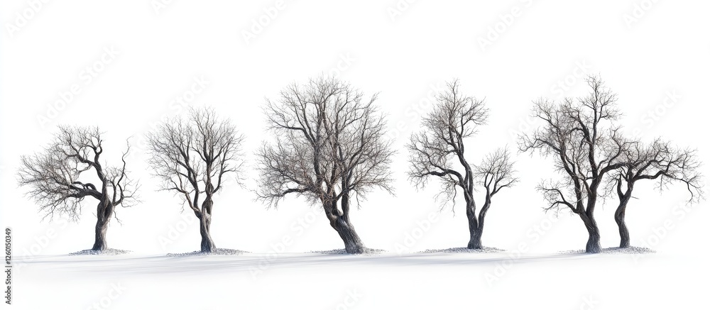 Aufkleber collection of five isolated bare trees with intricate branches on a clean white background showcasin