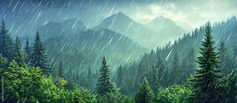 Aufkleber Misty mountains backdrop with dense green pine trees in foreground under heavy rain creating a serene, moody atmosphere in nature.