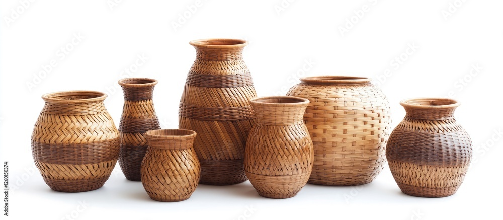 Aufkleber handwoven rattan vases in various shapes and sizes arranged in a group with earthy brown tones again