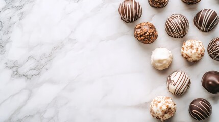 Obraz premium Elegant flat lay of assorted chocolate truffles on a marble surface, with space for branding.