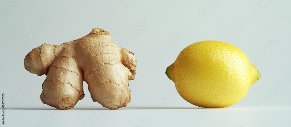Poster ginger root with textured skin on left side and bright yellow lemon on right side, displayed separat