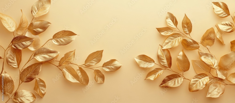 Poster golden leaves elegantly arranged on a soft beige background, creating a harmonious blend of warm ton