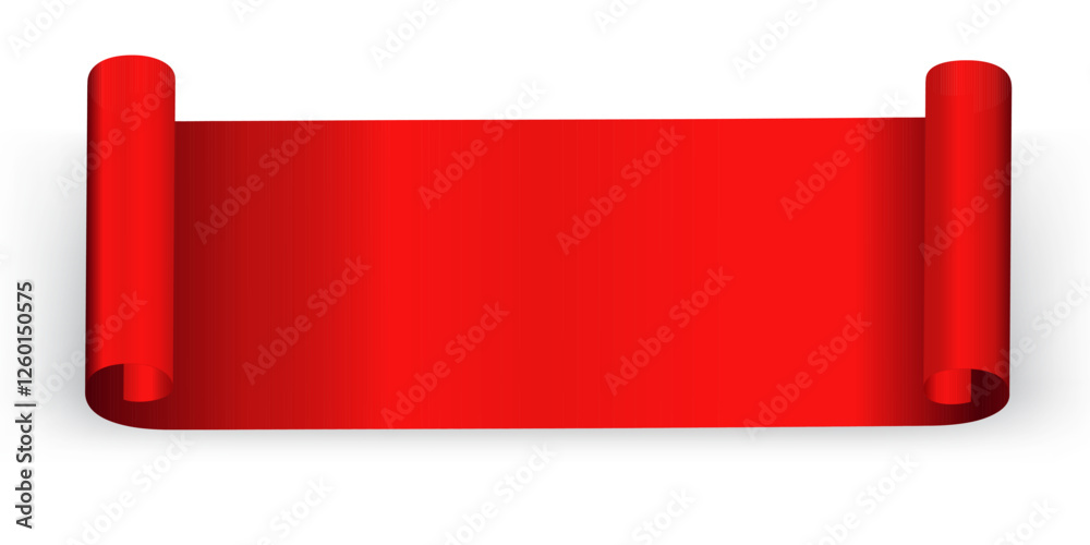 Aufkleber red ribbon banner realistic shiny satin with shadow, horizontal red big ribbon curl for decorate you