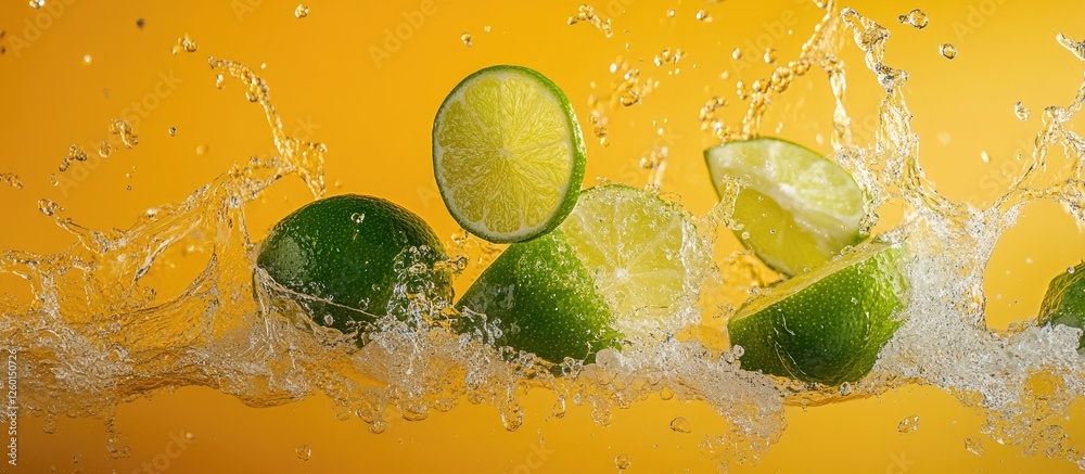 Aufkleber fresh green limes and lime slices splashing into water against a vibrant orange background creating 