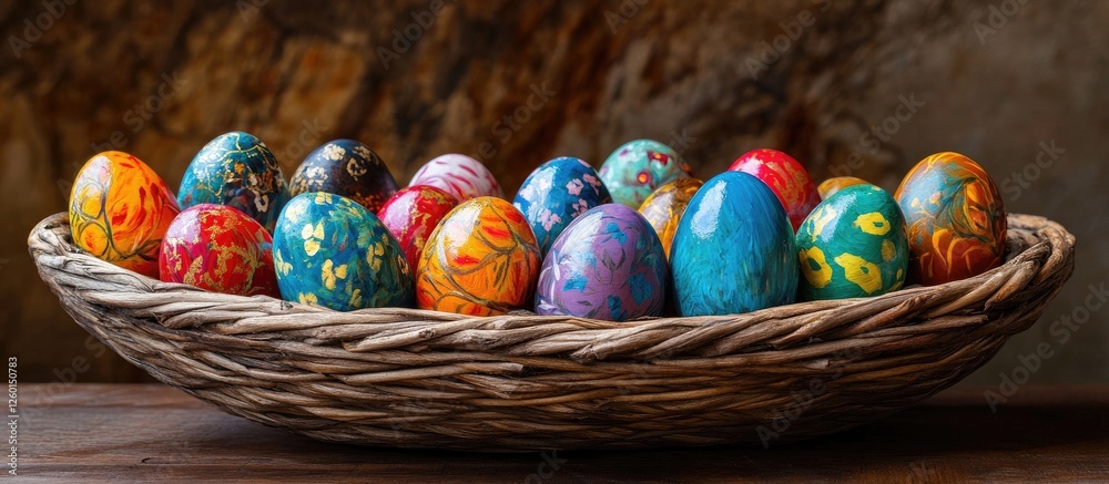 Poster vibrant assortment of hand painted easter eggs in a woven wicker basket with rich textures and warm 