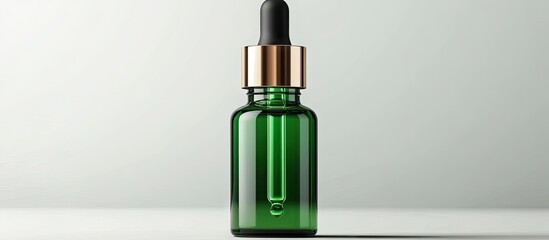 Obraz premium Green glass dropper bottle with a gold lid displaying a serum on a light grey background ideal for skincare and essential oils applications.