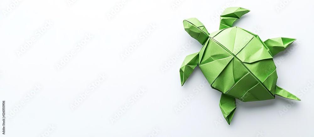 Aufkleber green origami turtle made from folded paper positioned at the top right on a clean white background,