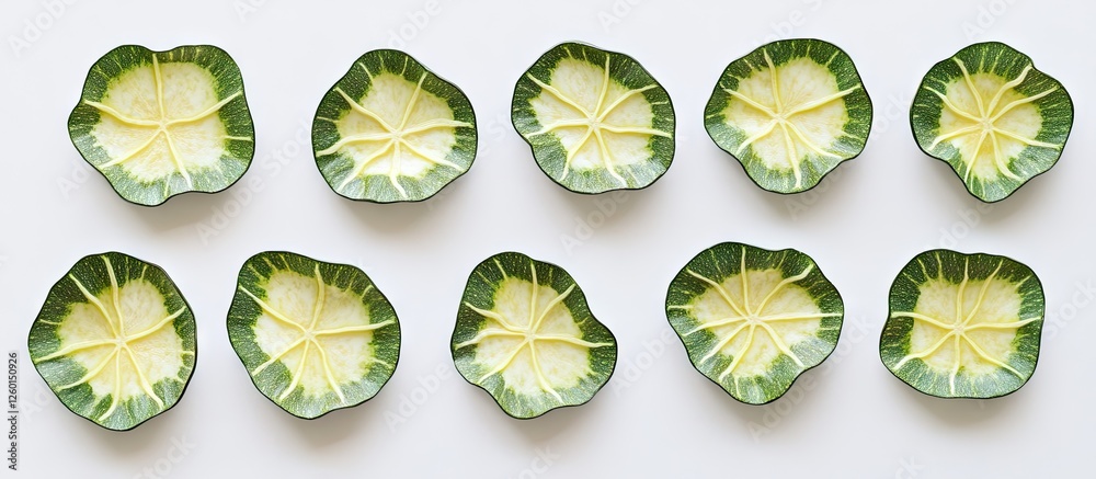 Aufkleber Vibrant green cabbage-like vegetable slices laid out in neat rows on a soft white background showcasing their intricate leaf patterns and textures.