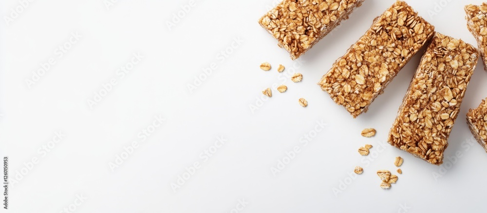 Poster assorted homemade granola bars with oats and nuts on a white background with scattered oats showcasi