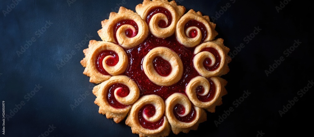 Poster Delicious homemade crostata cookies with vibrant jam filling arranged in a Fibonacci swirl design on a dark background for a striking contrast