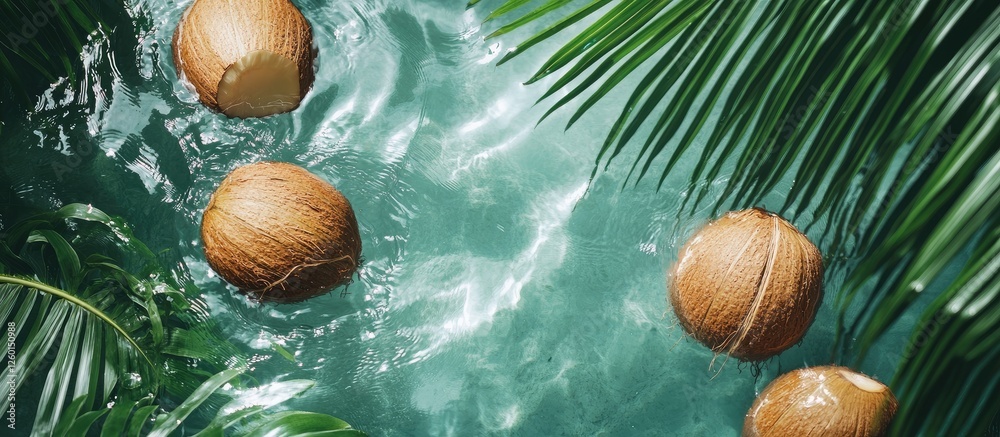 Poster Tropical scene with coconuts floating in turquoise water surrounded by lush green palm leaves creating a serene summer atmosphere.