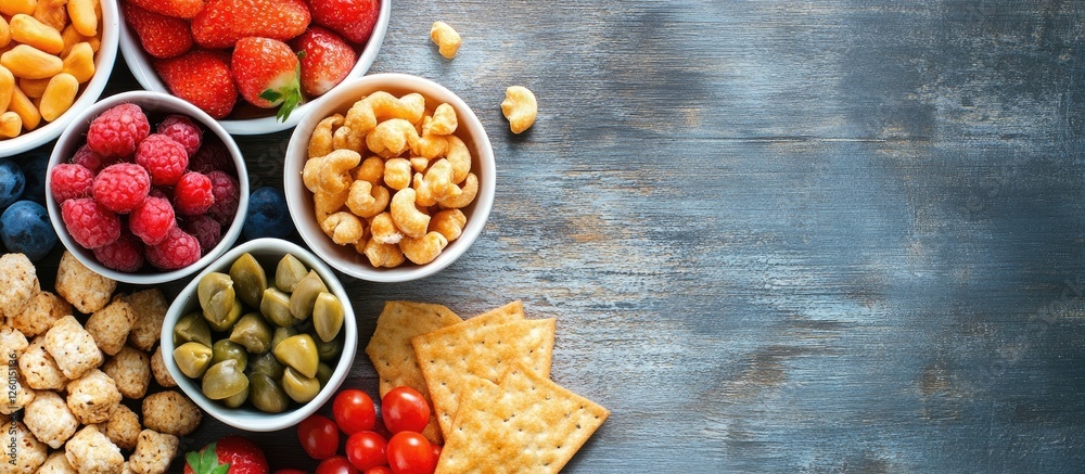 Poster colorful bowls of fresh fruits and nuts arranged on a rustic blue wooden background with crispy crac
