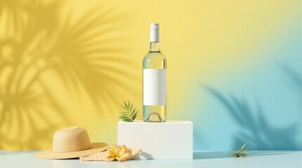 A minimalist wine bottle with a blank label displayed on a vibrant yellow background. Perfect for product mockups, packaging design, or promotional materials
