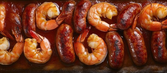 Grilled sausages and shrimp arranged in a vibrant layout on a dark surface, offering ample space for text, ideal for BBQ themed promotions.