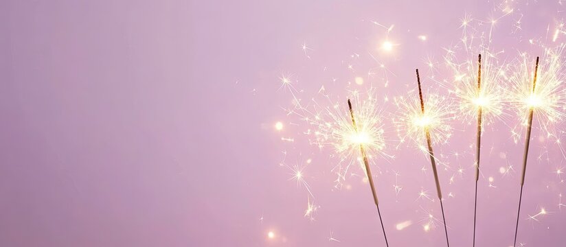 Golden sparklers illuminated against a soft light purple background arranged on the left side, providing ample space for text on the right.