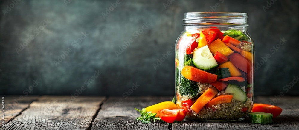 Poster vibrant homemade mason jar salad featuring quinoa and colorful chopped vegetables arranged in layers